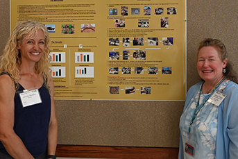 Two women on both sides of an academic research poster